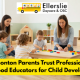 Professional early childhood educator guiding children through an engaging learning activity at a childcare center in Edmonton